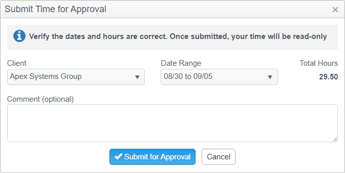 Timogix dialog for verifying and submitting a timesheet for approval
